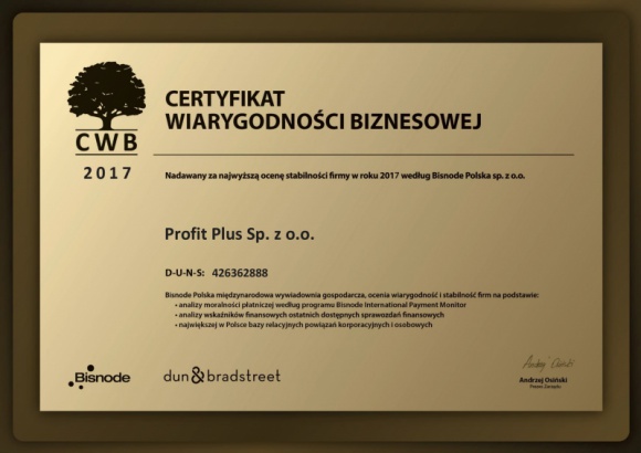 Certyfikat Wiarygodności Biznesowej dla Profit Plus